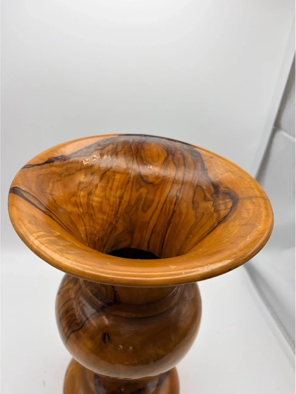 Vintage turned olive wood vase. Rustic and hand crafted.